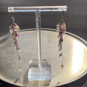 Pretty Pink and Green Glass Bead and Silver Dangle Earrings
